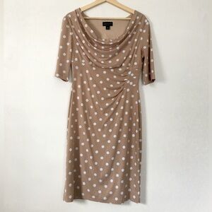 Draped Tan and White Polka Dot Dress